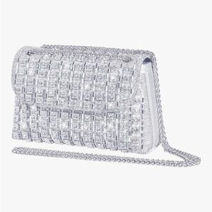 Crystal-Embellished Rhinstone Silver Crossbody Bag Purse with Chain Strap